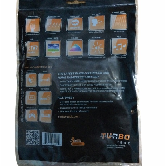TURBO TECK HDMI Cable 1080P High Speed 3D 4K 60Hz UHD Gold Plated New - Picture 5 of 5